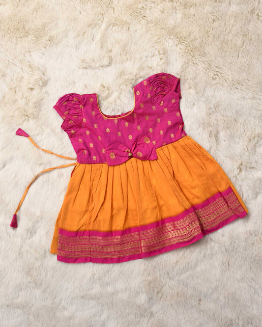 Magenta pink and orange (vintage bow) - Kanchi Cotton Silk Ethnic Wear for Baby Girl