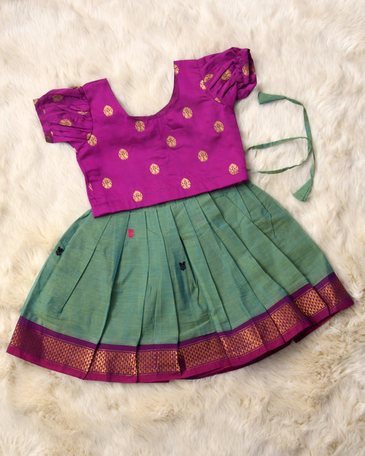 Buddhi - pink and uniform green kanchi cotton South Indian ethnic wear langa blouse for baby girl