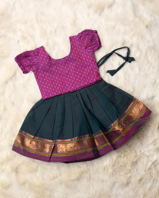 Kayra - pink and peacock green kanchi cotton South Indian ethnic wear langa blouse for baby girl