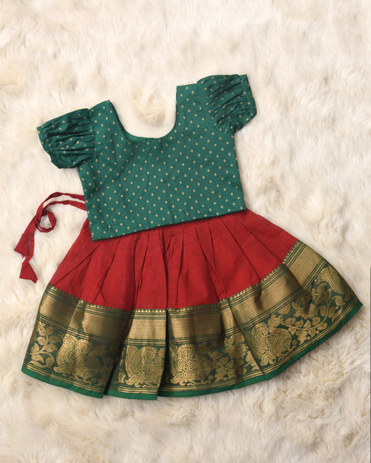 Mishka - Bottle green and brick red kanchi cotton South Indian ethnic wear langa blouse for baby girl