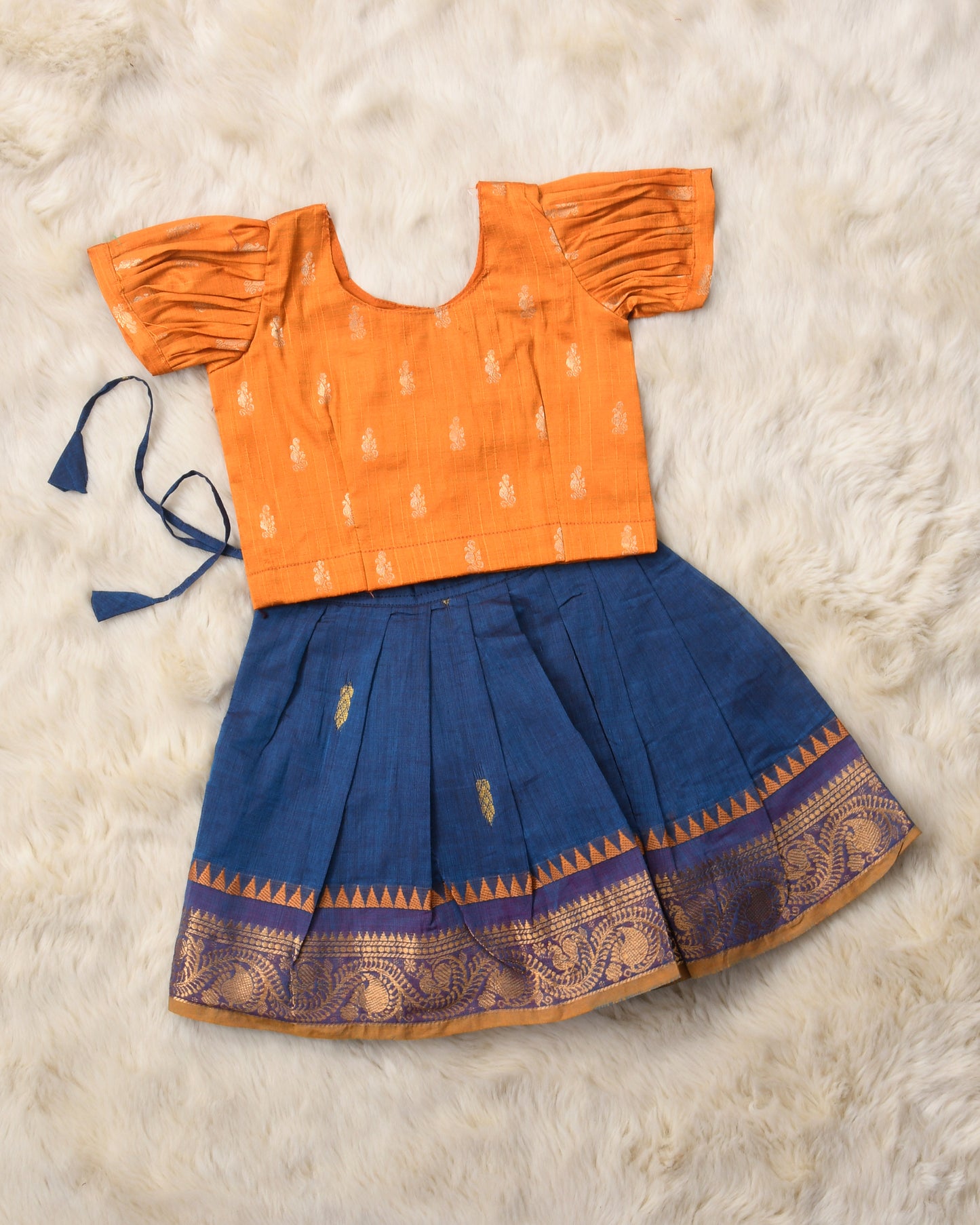 Divisha - Golden yellow and raw blue kanchi cotton South Indian ethnic wear langa blouse for baby girl