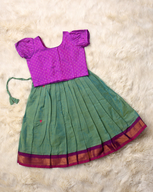 Ira - pink and uniform green small border kanchi cotton South Indian ethnic wear langa blouse for baby girl