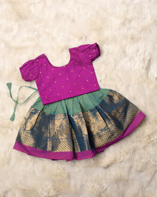 Mishka - pink and uniform green big border kanchi cotton South Indian ethnic wear langa blouse for baby girl