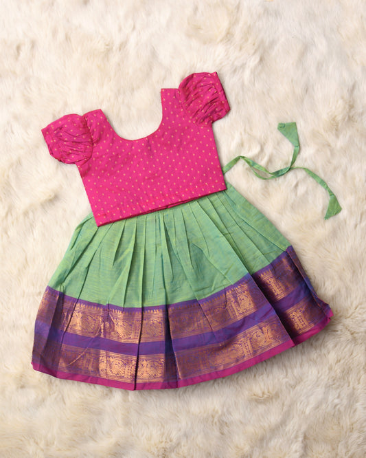 Siddhi - Pink and light green kanchi cotton South Indian ethnic wear langa blouse for baby girl