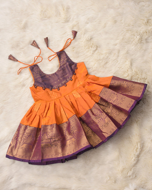 Apsara - Mustard yellow with purple pink pattu silk ethnic wear for baby girl