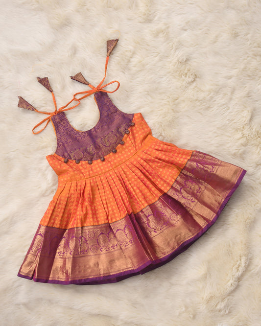 Lalita - Orange with purple pattu silk ethnic wear for baby girl