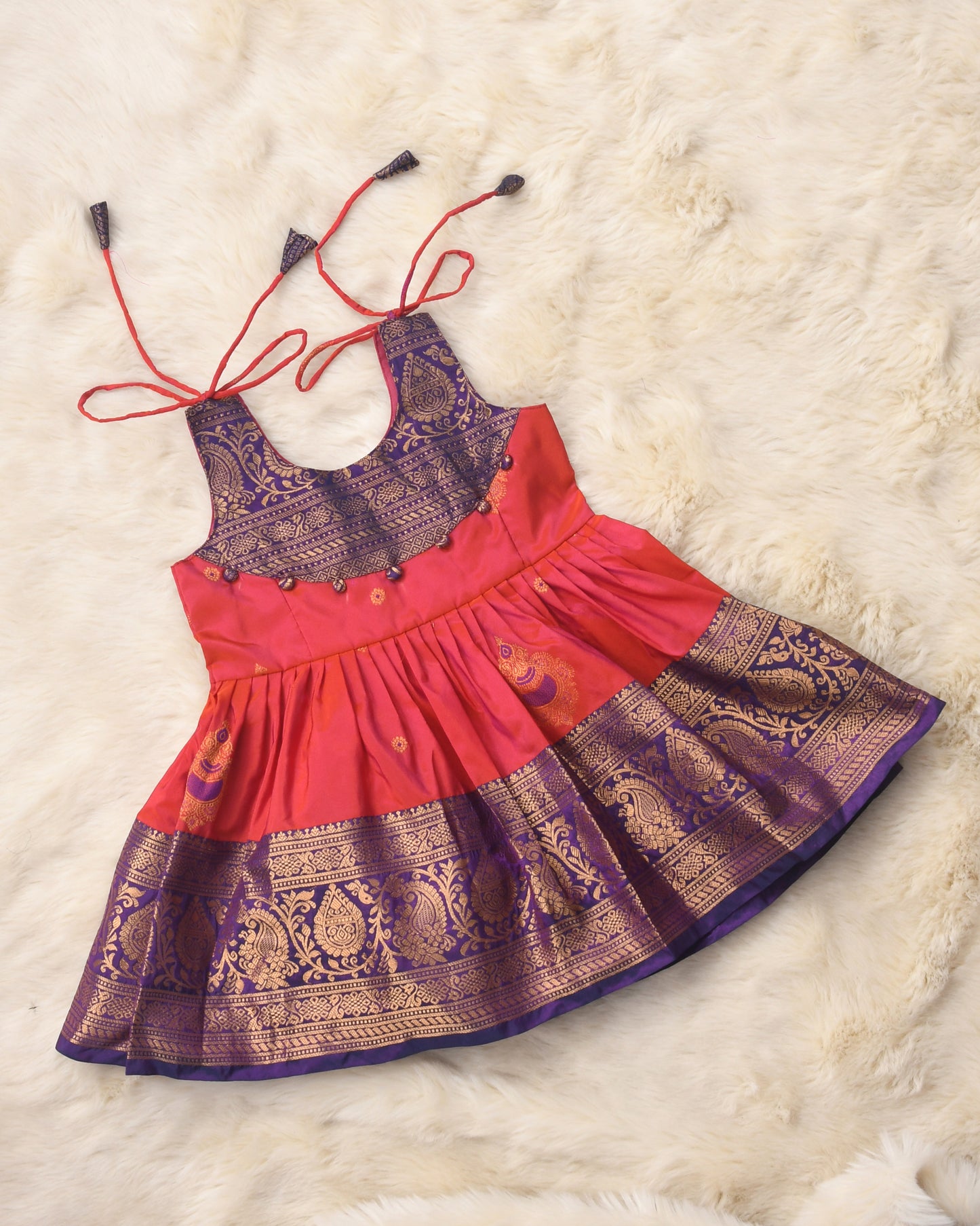 Madra - Orange with purple pattu silk ethnic wear for baby girl