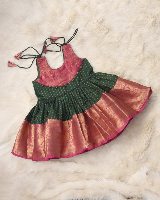 Nagma - Bottle green with pink pattu silk ethnic wear for baby girl