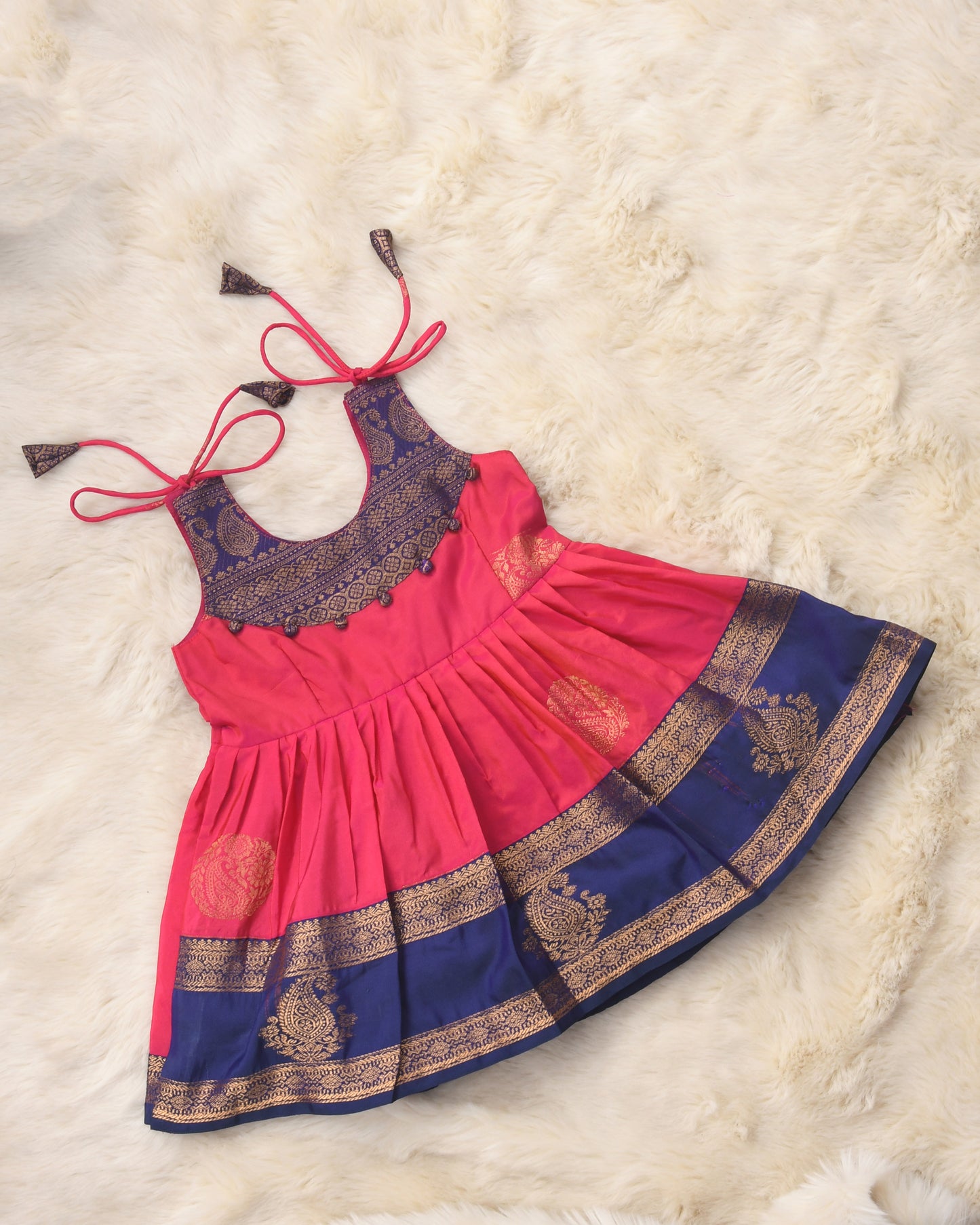 Satyabhama - Orange with navy blue pattu silk ethnic wear for baby girl