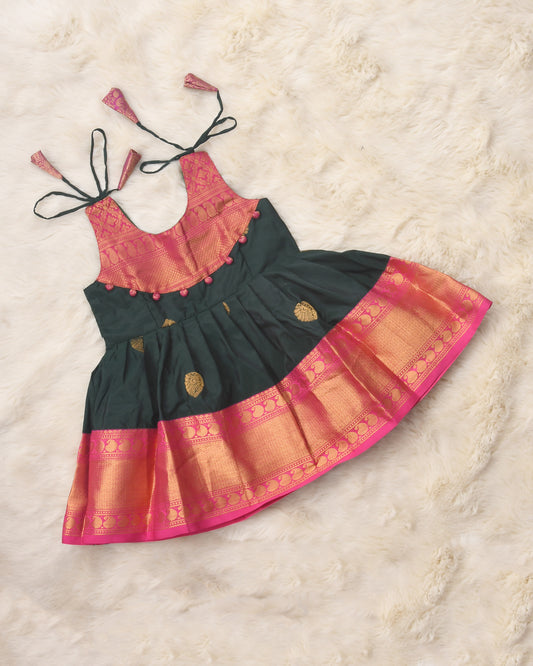 Vidya - Bottle green with pink pattu silk ethnic wear for baby girl