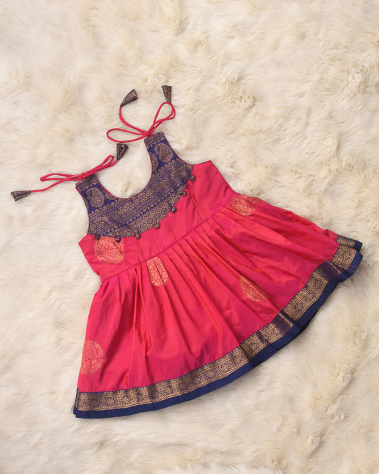 Anala - Festive pink with navy blue pattu silk ethnic wear for baby girl