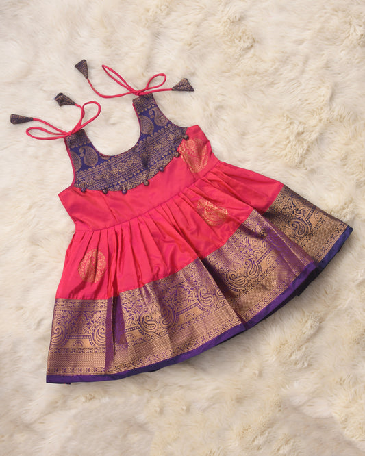 Dhara - Festive pink with purple pattu silk ethnic wear for baby girl