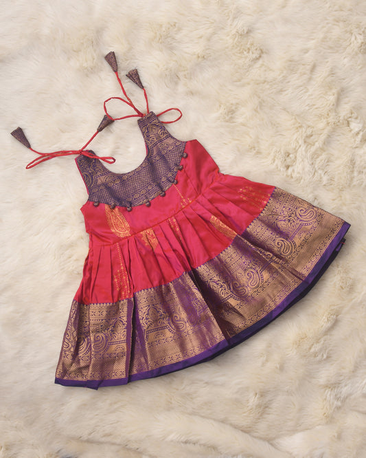 Ojasvi - Pink with purple pattu silk ethnic wear for baby girl