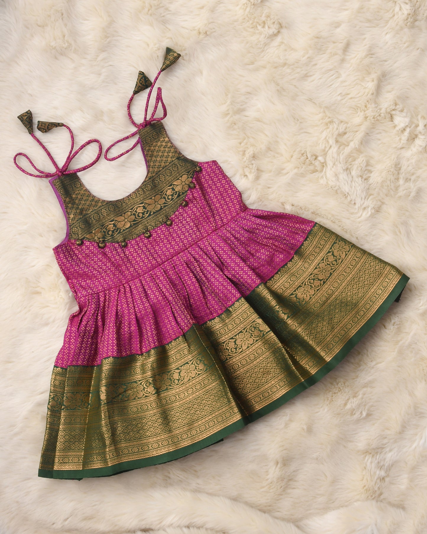 Prisha - Dark Pink with bottle green silk ethnic wear for baby girl