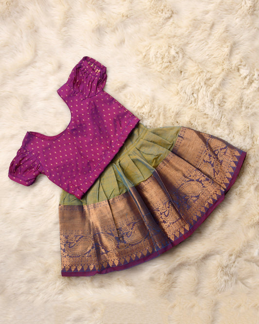 Ishani - Dual pink and green kanchi cotton south indian ethnic wear langa blouse for baby girl