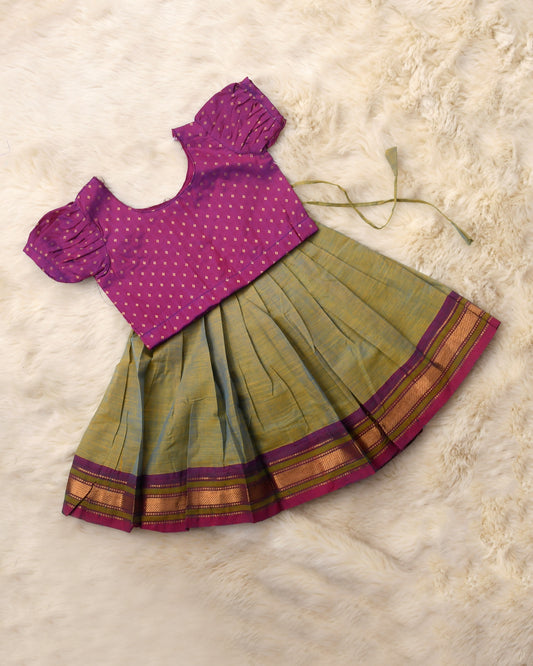 Sridevi - Dual pink with greying green kanchi cotton south indian ethnic wear langa blouse for baby girl