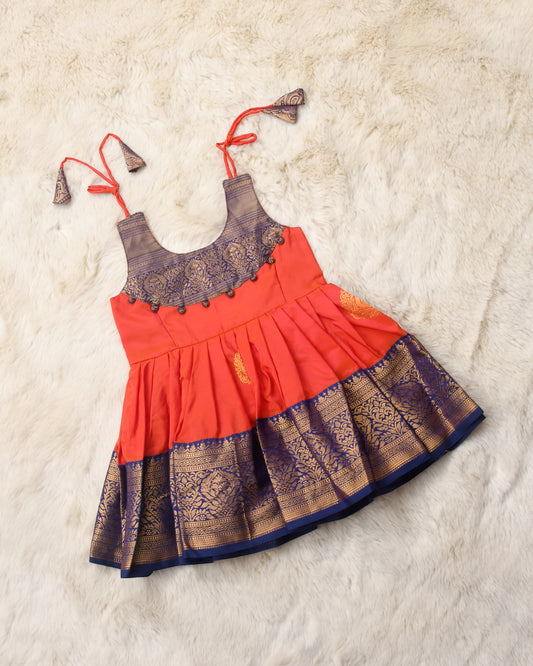 Trinetri - Vibrant orange with navy blue pattu silk ethnic wear for baby girl