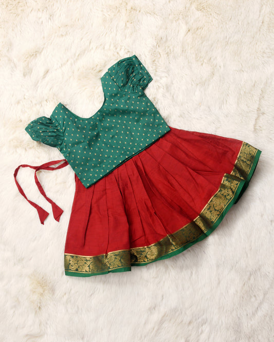 Varahi - Bottle green with deep red kanchi cotton south indian ethnic wear langa blouse for baby girl