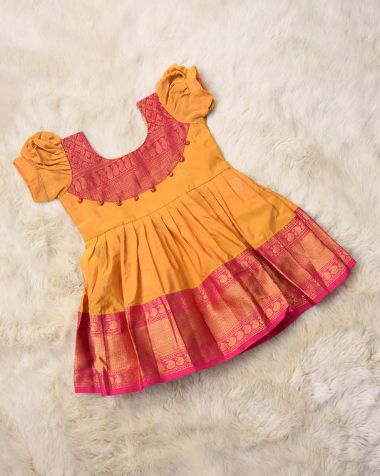 Ajaya - Mustard yellow with pink pattu silk ethnic wear for baby girl