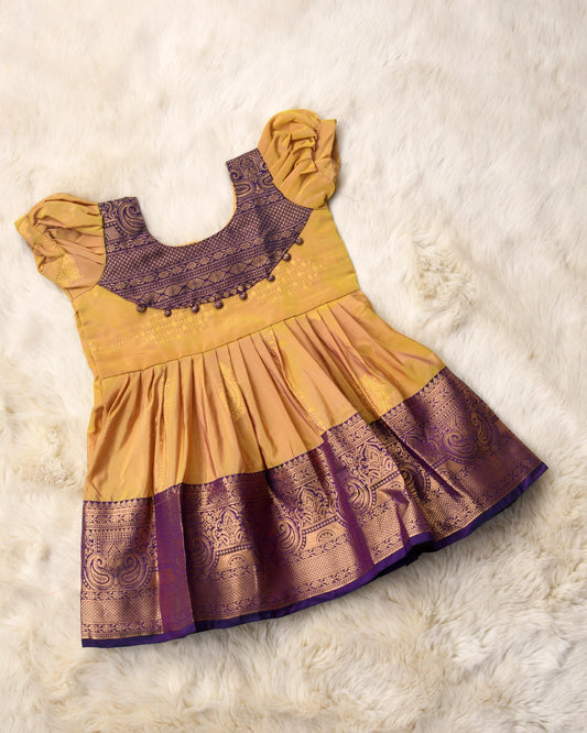 Satta - Mustard yellow with purple pattu silk ethnic wear for baby girl