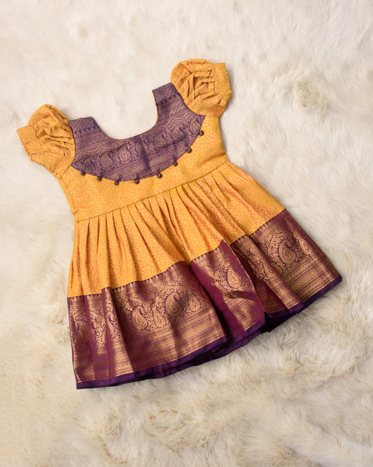 Ameyaa - Mustard yellow with purple pattu silk ethnic wear for baby girl