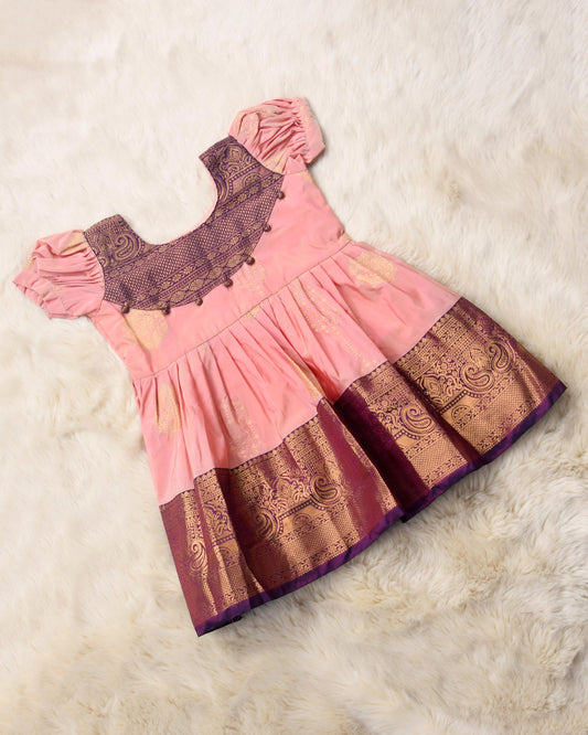 Aparna - Blush pink with deep purple pattu silk ethnic wear for baby girl