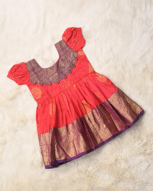 Bahula - Intense orange with deep purple pattu silk ethnic wear for baby girl