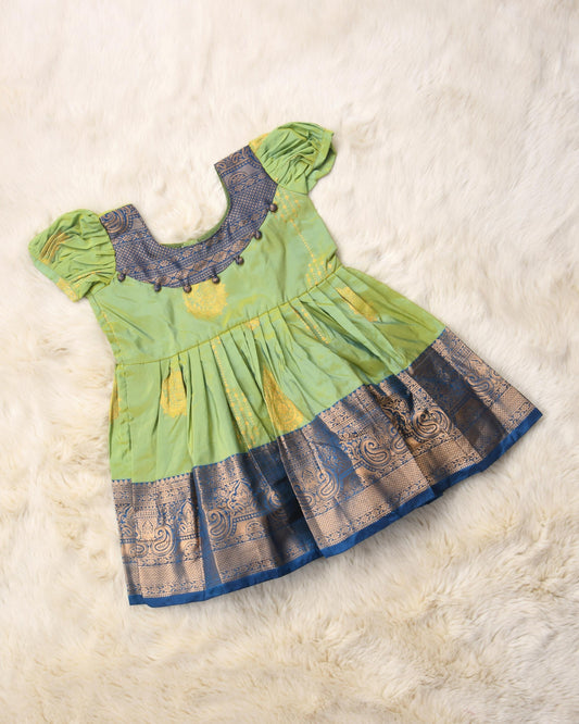 Chamunda - Rare green with navy blue pattu silk ethnic wear for baby girl