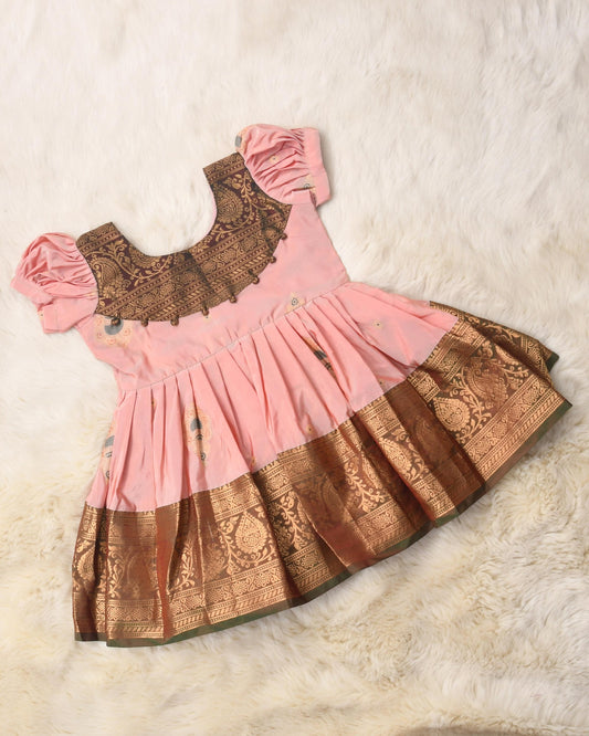 Kriya - Pale pink with brown pattu silk ethnic wear for baby girl