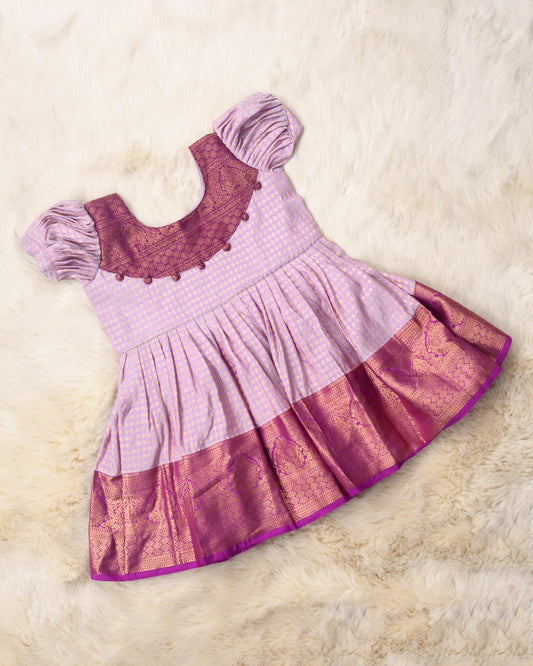 Kriya - Pale pink with wine pattu silk ethnic wear for baby girl