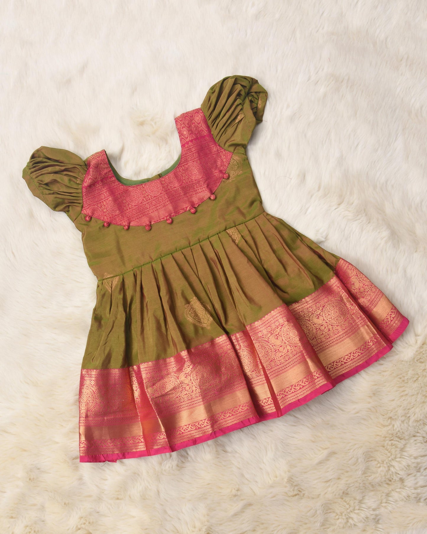 Ratnapriya - khaki brown with tomato pink pattu silk ethnic wear for baby girl