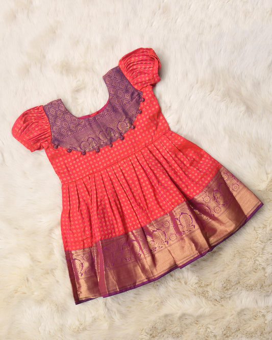 Jaya - Vibrant orange with purple pattu silk ethnic wear for baby girl