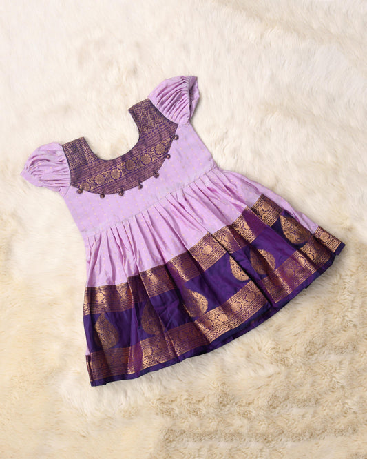 Savithri - Lavender with navy blue pattu silk ethnic wear for baby girl