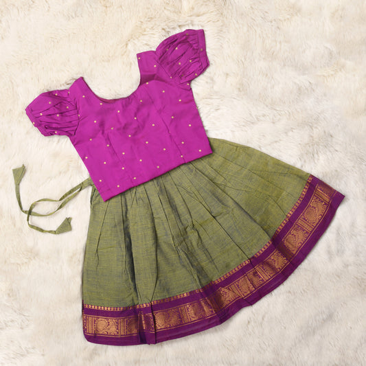 Banu - Green and pink kanchi cotton South Indian ethnic wear langa blouse for baby girl