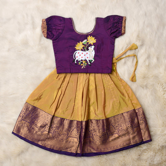 Padmavathi - violet purple and mustard traditional langa blouse kamadenu cow embroidered zari border ethnic wear pattu pavadai silk for baby girl