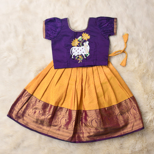 Angala Devi - Purple and turmeric yellow traditional langa blouse kamadenu cow embroidered zari border ethnic wear pattu pavadai silk for baby girl