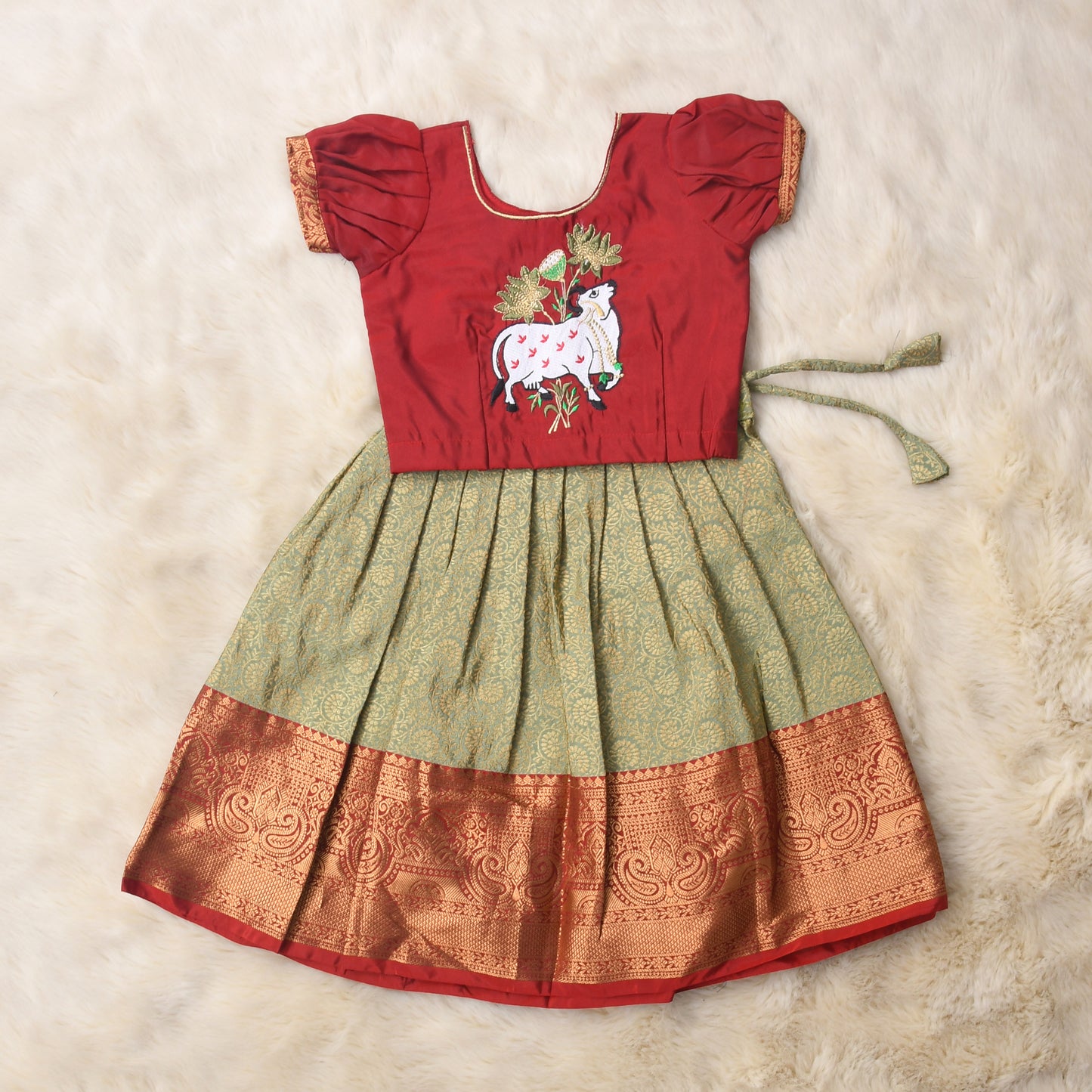 Durga  - Rose red and smoky grey traditional langa blouse kamadenu cow embroidered zari border ethnic wear pattu pavadai silk for baby girl