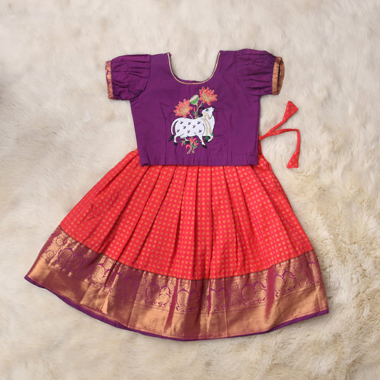 Archi - Twilight purple and Sunset pink traditional langa blouse kamadenu cow embroidered zari border ethnic wear pattu pavadai silk for baby girl