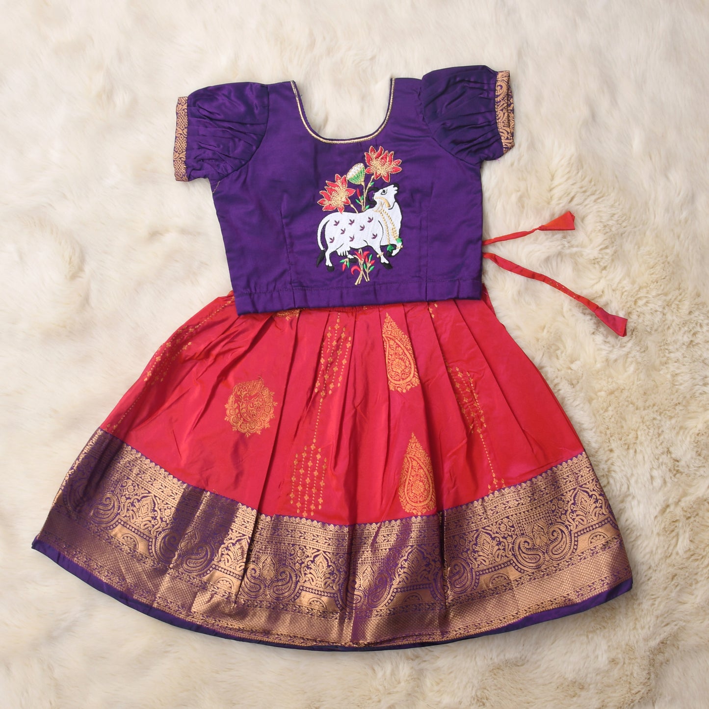 Bagalamukhi - Purple and lily pink traditional langa blouse kamadenu cow embroidered zari border ethnic wear pattu pavadai silk for baby girl