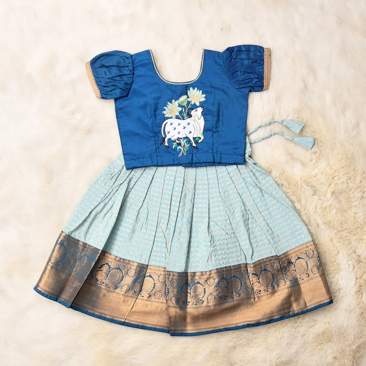 Devasena - Indigo blue and Sky blue traditional langa blouse kamadenu cow embroidered zari border ethnic wear pattu pavadai silk for baby girl