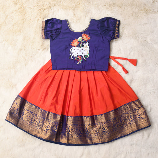 Danu - Navy blue and Rust orange  traditional langa blouse kamadenu cow embroidered zari border ethnic wear pattu pavadai silk for baby girl