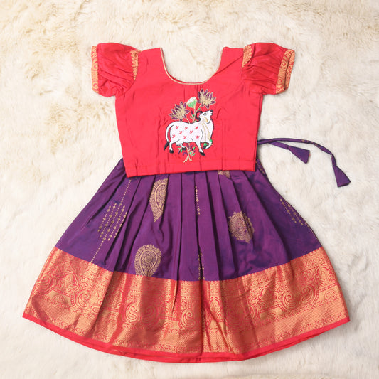 Devi Kanya Kumari - Saffron and Royal Purple traditional langa blouse kamadenu cow embroidered zari border ethnic wear pattu pavadai silk for baby girl