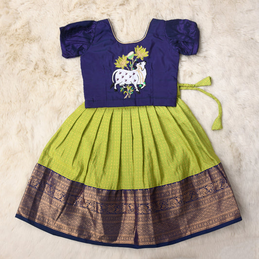 Navadurga - Navy blue and Mint green traditional langa blouse kamadenu cow embroidered zari border ethnic wear pattu pavadai silk for baby girl