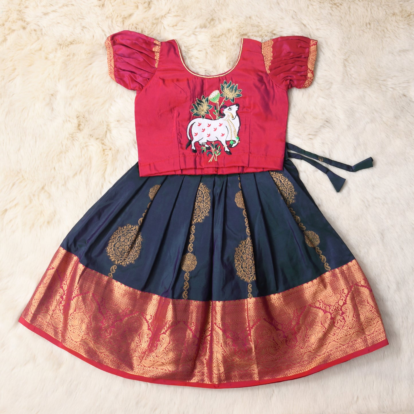 Nagalakshmi - Magenta pink and Navy Blue traditional langa blouse kamadenu cow embroidered zari border ethnic wear pattu pavadai silk for baby girl