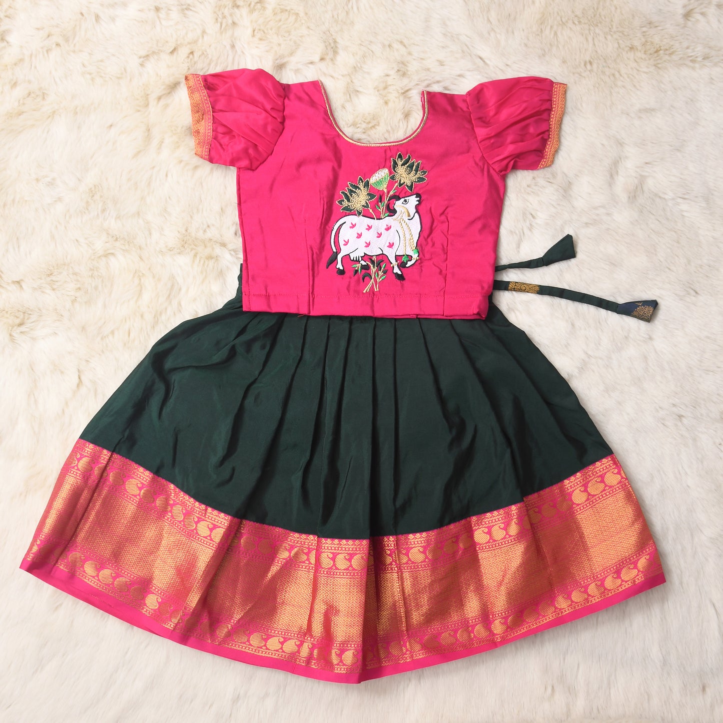 Mahagauri - Magenta pink and Forest green traditional langa blouse kamadenu cow embroidered zari border ethnic wear pattu pavadai silk for baby girl