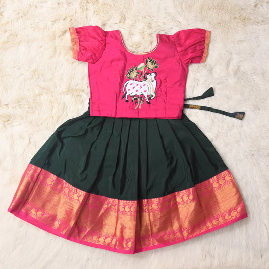 Mahagauri - Magenta pink and Forest green traditional langa blouse kamadenu cow embroidered zari border ethnic wear pattu pavadai silk for baby girl