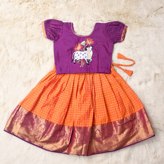 Parnashavari - Midnight Purple and Neon Orange traditional langa blouse kamadenu cow embroidered zari border ethnic wear pattu pavadai silk for baby girl