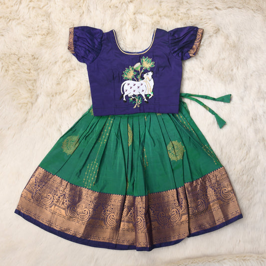 Jagdamba - Ink Blue and bottle Green traditional langa blouse kamadenu cow embroidered zari border ethnic wear pattu pavadai silk for baby girl