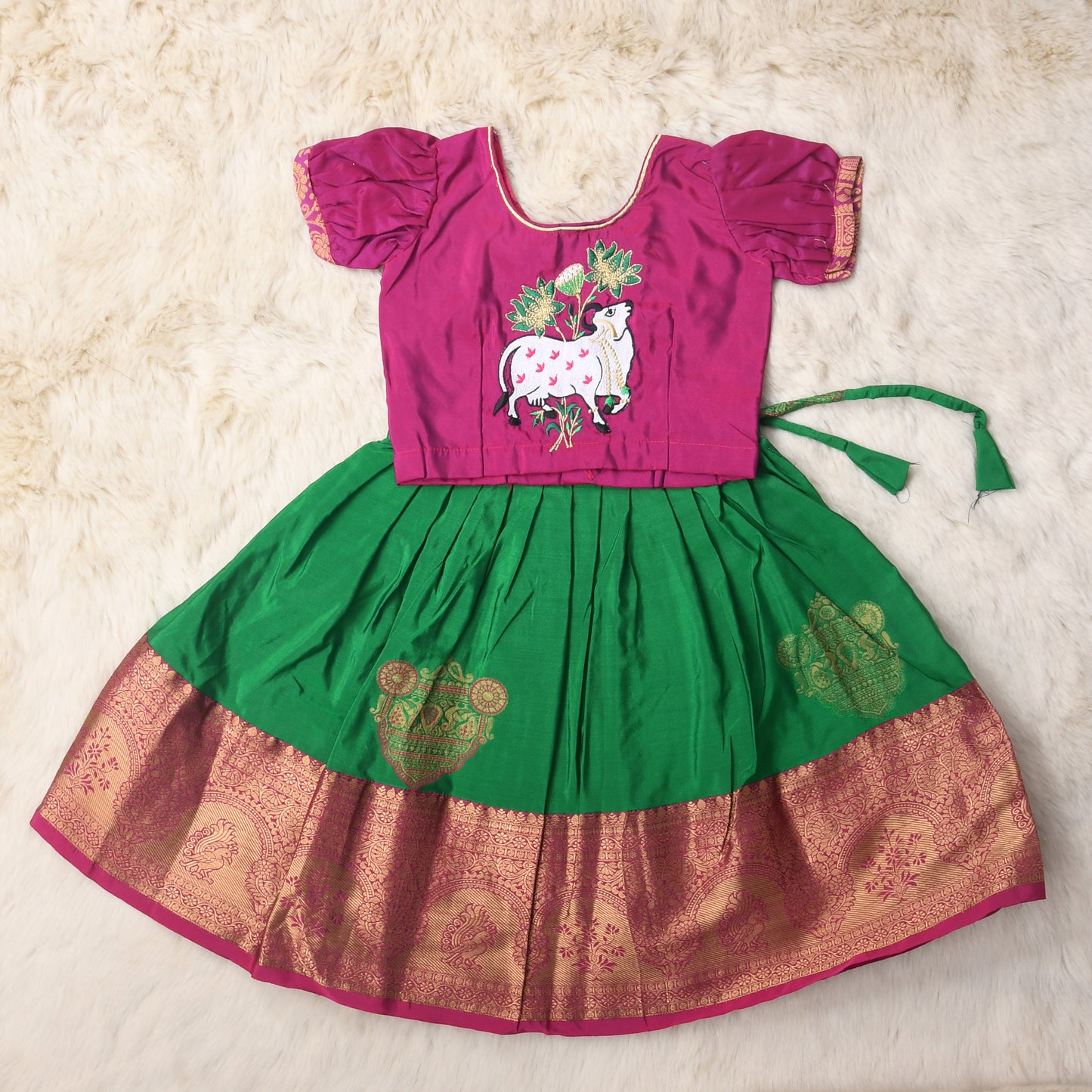 Subhadra -  Neon Pink  and Lush Green traditional langa blouse kamadenu cow embroidered zari border ethnic wear pattu pavadai silk for baby girl