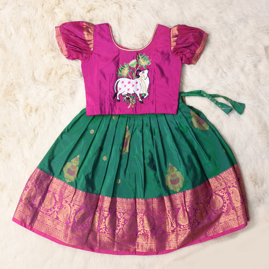 Kalaratri - Pink and festive green traditional langa blouse kamadenu cow embroidered zari border ethnic wear pattu pavadai silk for baby girl